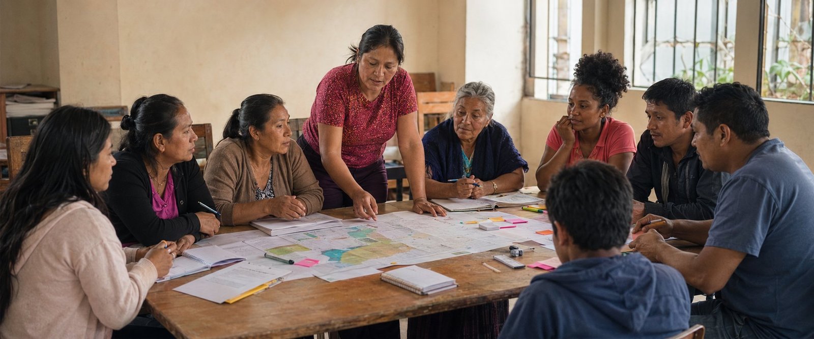 Mujeres y hombres de una comunidad latinoamericana trabajando juntos alrededor de una mesa con un mapa de planificación territorial, con liderazgo femenino.